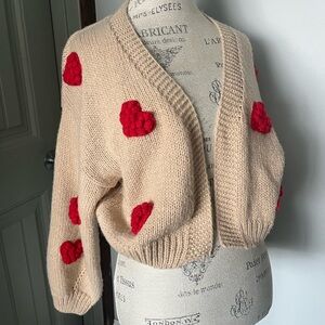 Dreamers Beige Cardigan with Red Heart Accents